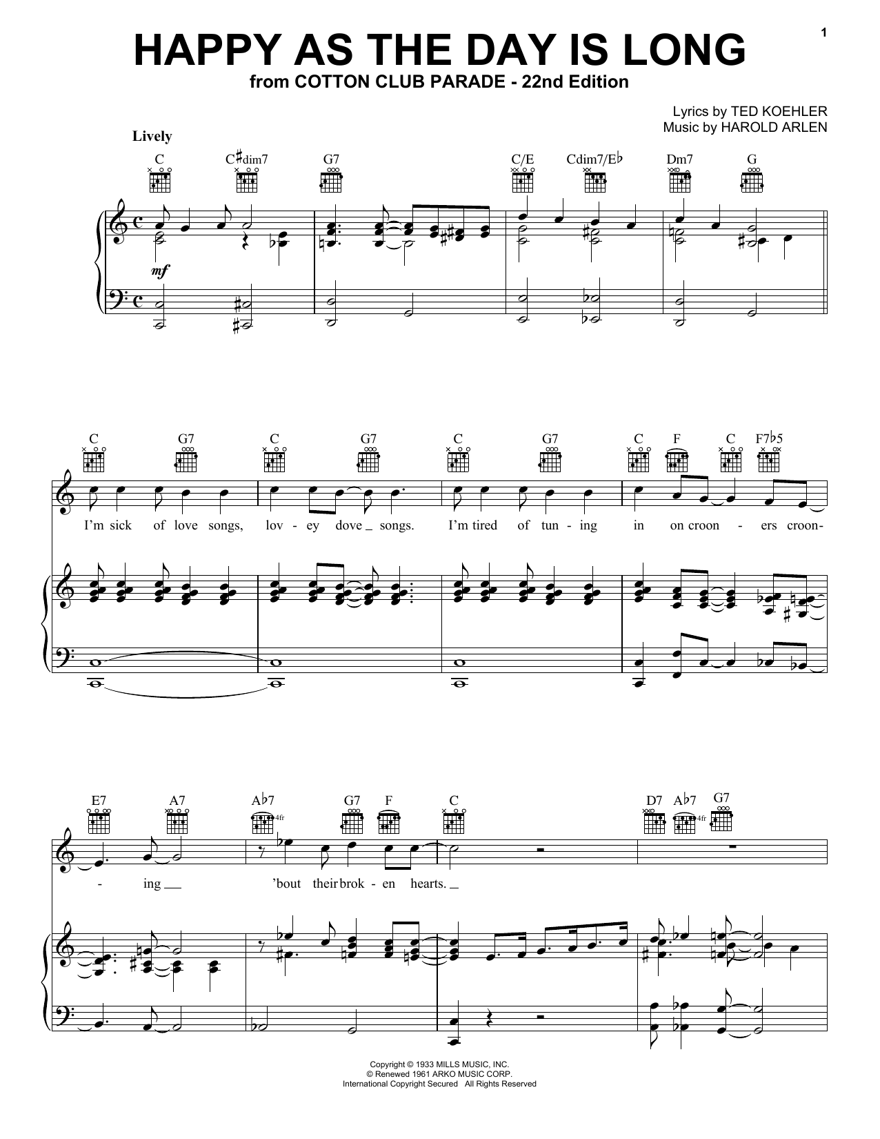 Download Harold Arlen Happy As The Day Is Long Sheet Music and learn how to play Piano, Vocal & Guitar Chords (Right-Hand Melody) PDF digital score in minutes