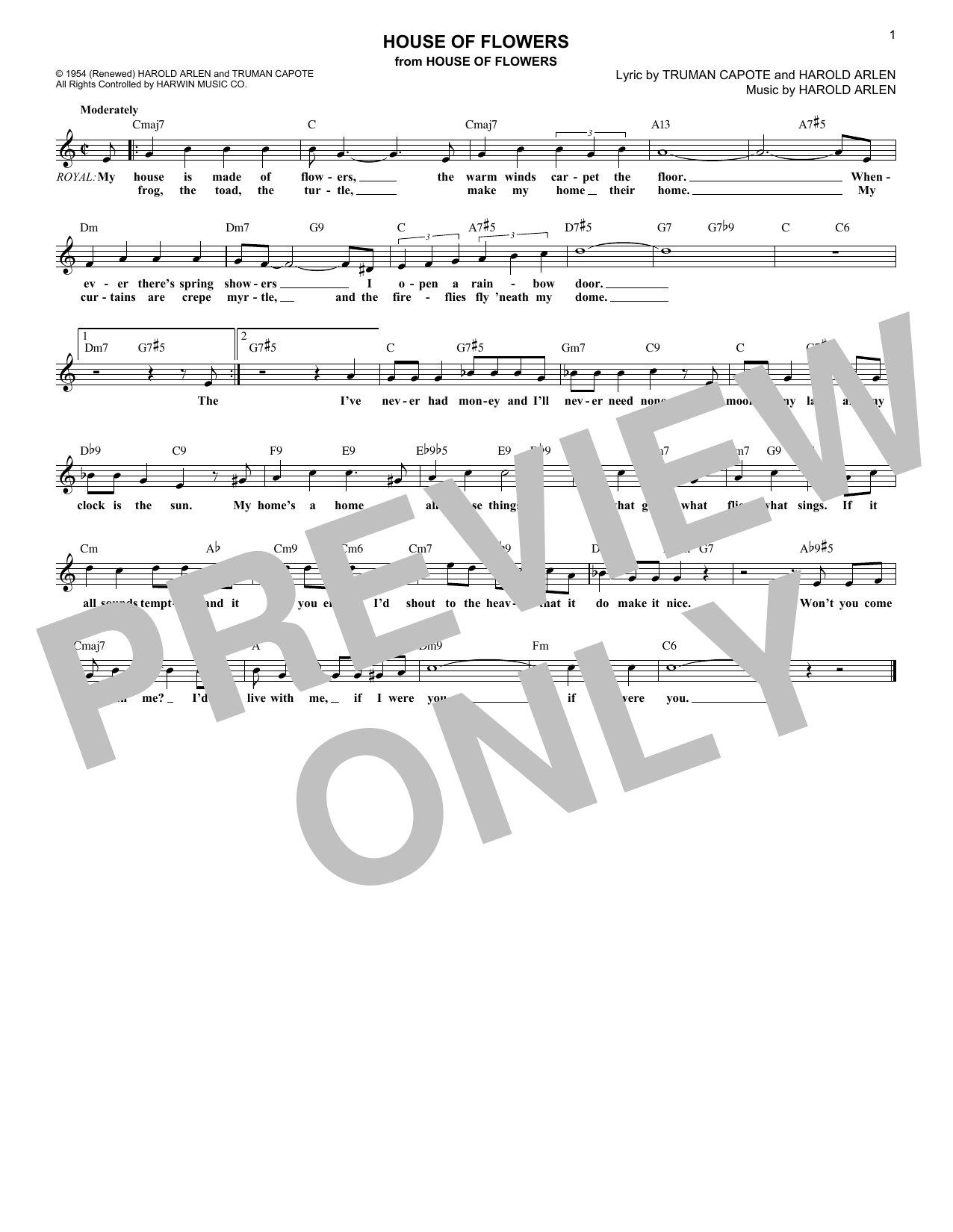 Download Harold Arlen House Of Flowers Sheet Music and learn how to play Piano, Vocal & Guitar Chords (Right-Hand Melody) PDF digital score in minutes