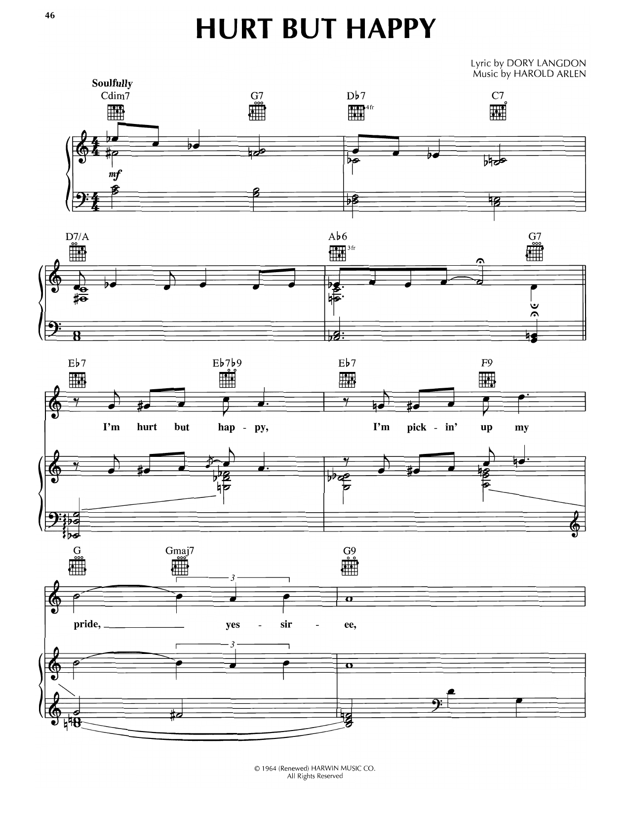 Download Harold Arlen Hurt But Happy Sheet Music and learn how to play Piano, Vocal & Guitar Chords (Right-Hand Melody) PDF digital score in minutes