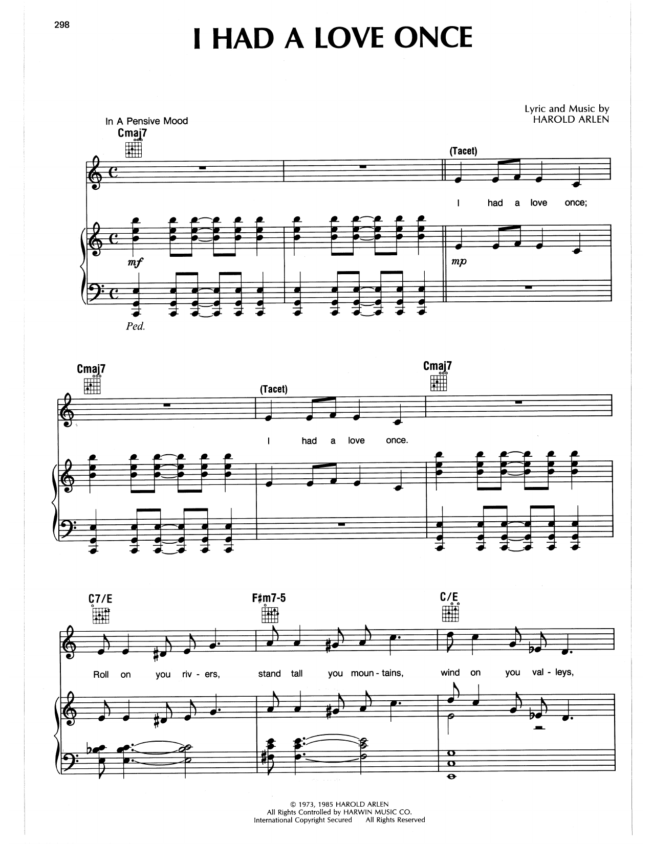 Download Harold Arlen I Had A Love Once Sheet Music and learn how to play Piano, Vocal & Guitar Chords (Right-Hand Melody) PDF digital score in minutes