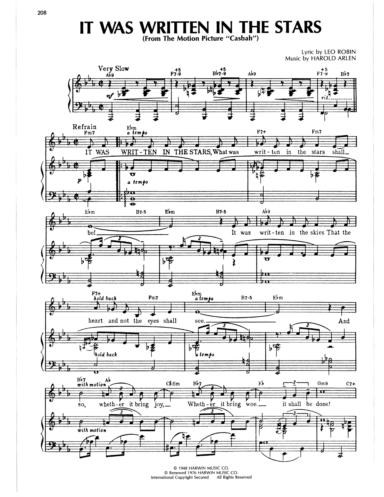 Download Harold Arlen It Was Written In The Stars (from Casbah) Sheet Music and learn how to play Piano, Vocal & Guitar Chords (Right-Hand Melody) PDF digital score in minutes