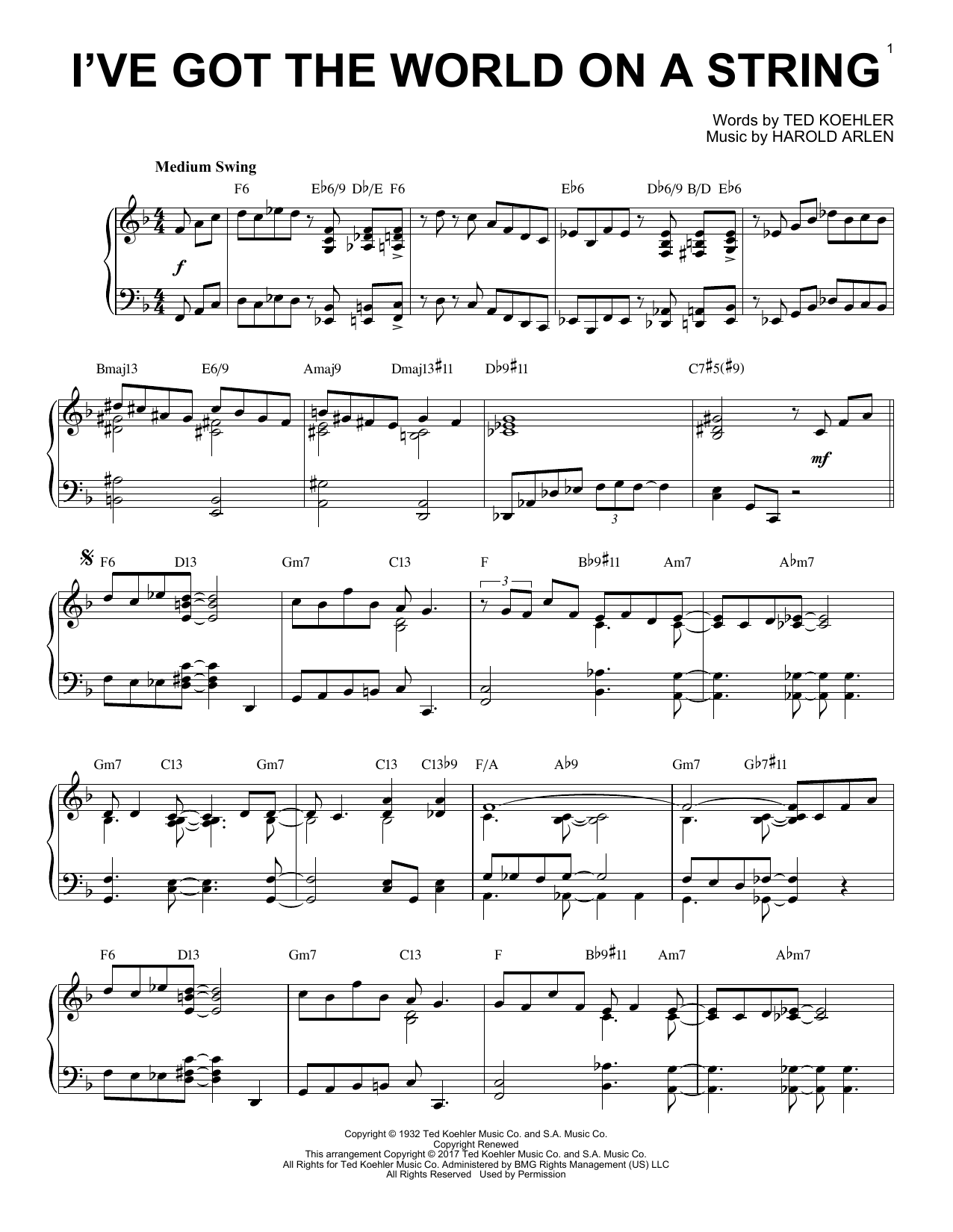 Download Harold Arlen I've Got The World On A String Sheet Music and learn how to play Piano PDF digital score in minutes