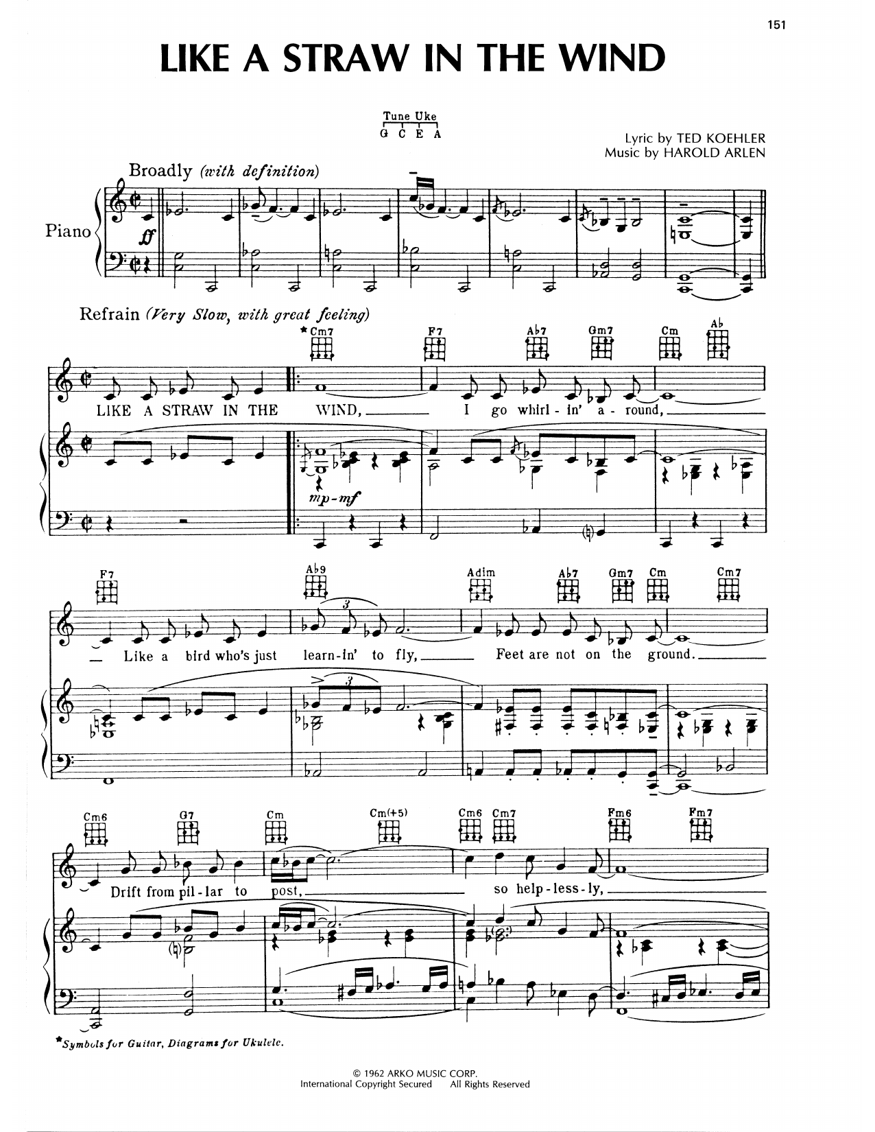 Download Harold Arlen Like A Straw In The Wind Sheet Music and learn how to play Piano, Vocal & Guitar Chords (Right-Hand Melody) PDF digital score in minutes