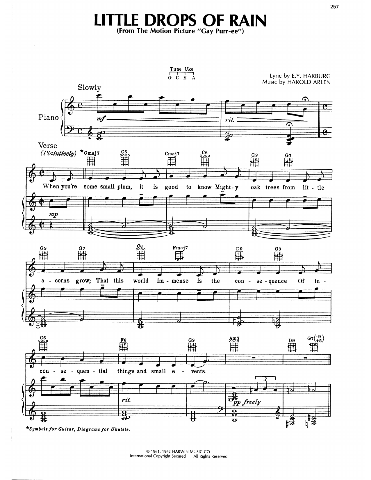 Download Harold Arlen Little Drops Of Rain Sheet Music and learn how to play Piano, Vocal & Guitar Chords (Right-Hand Melody) PDF digital score in minutes