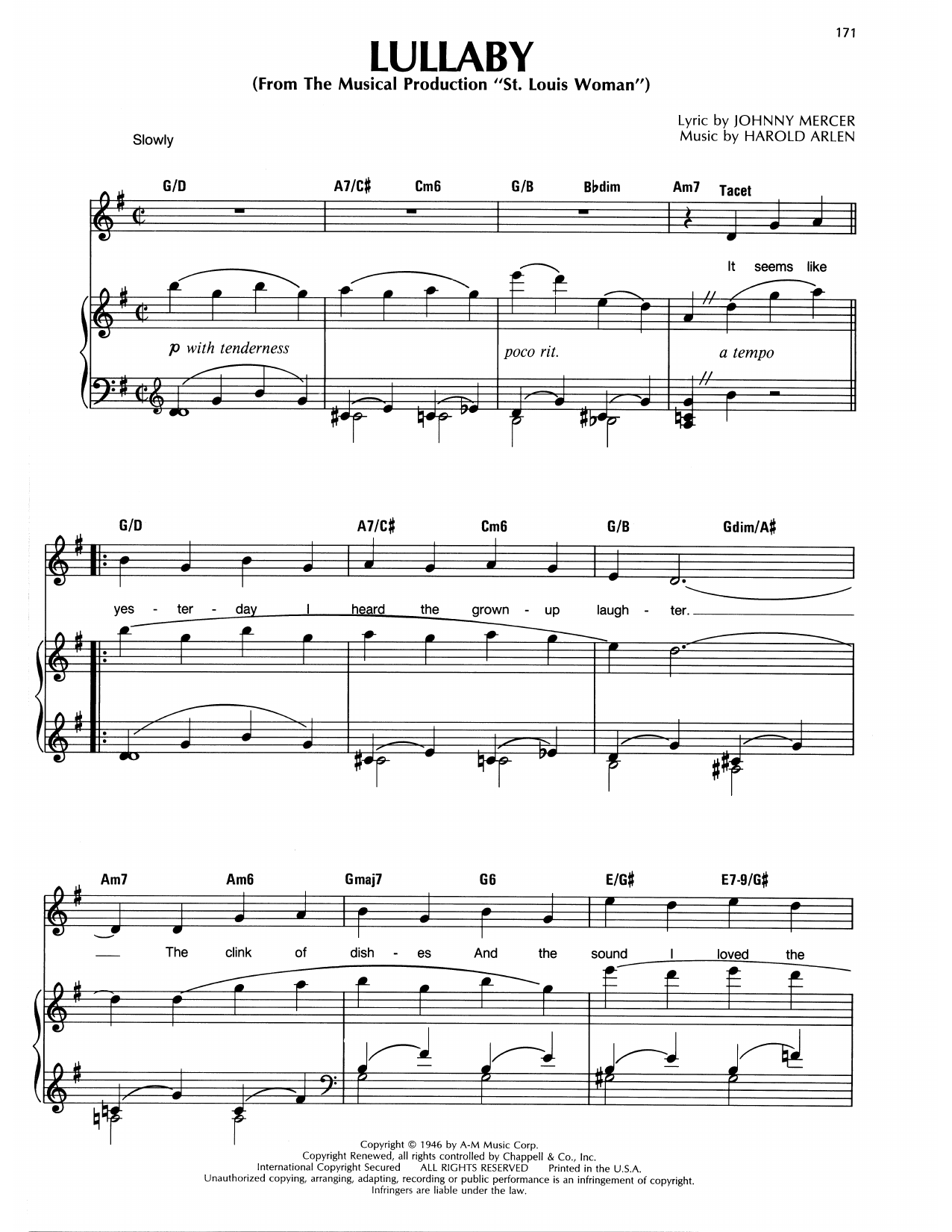 Download Harold Arlen Lullaby Sheet Music and learn how to play Piano, Vocal & Guitar Chords (Right-Hand Melody) PDF digital score in minutes