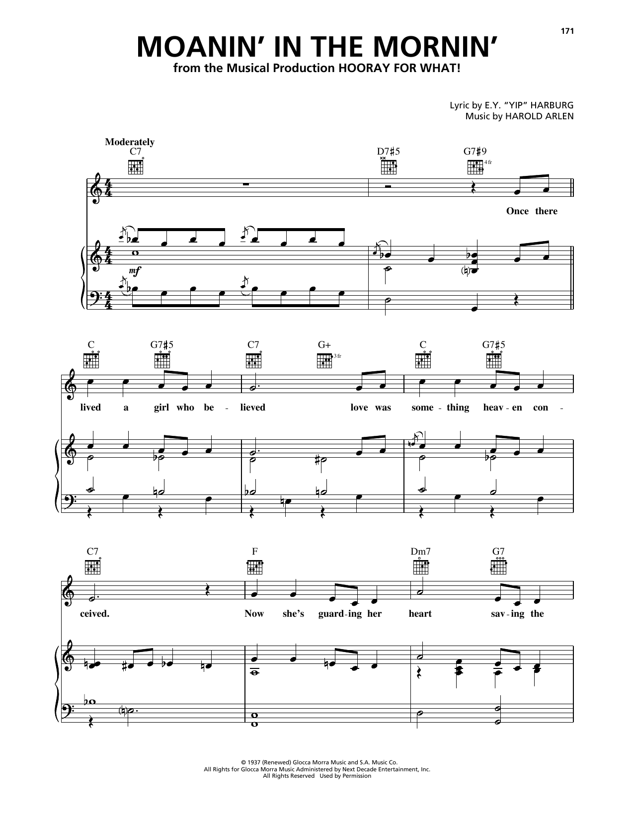 Download Harold Arlen Moanin' In The Mornin' (from Hooray For What!) Sheet Music and learn how to play Piano, Vocal & Guitar Chords (Right-Hand Melody) PDF digital score in minutes
