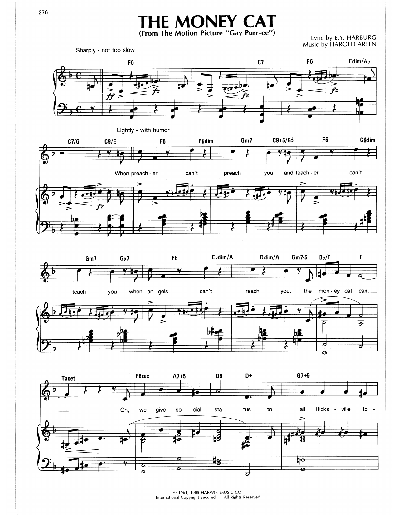 Download Harold Arlen Money Cat Sheet Music and learn how to play Piano, Vocal & Guitar Chords (Right-Hand Melody) PDF digital score in minutes