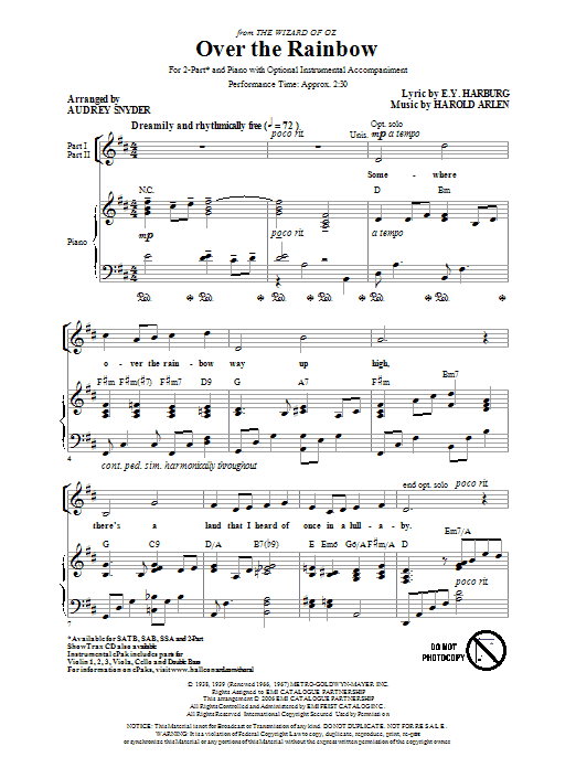 Download Harold Arlen Over The Rainbow (arr. Audrey Snyder) Sheet Music and learn how to play 2-Part Choir PDF digital score in minutes