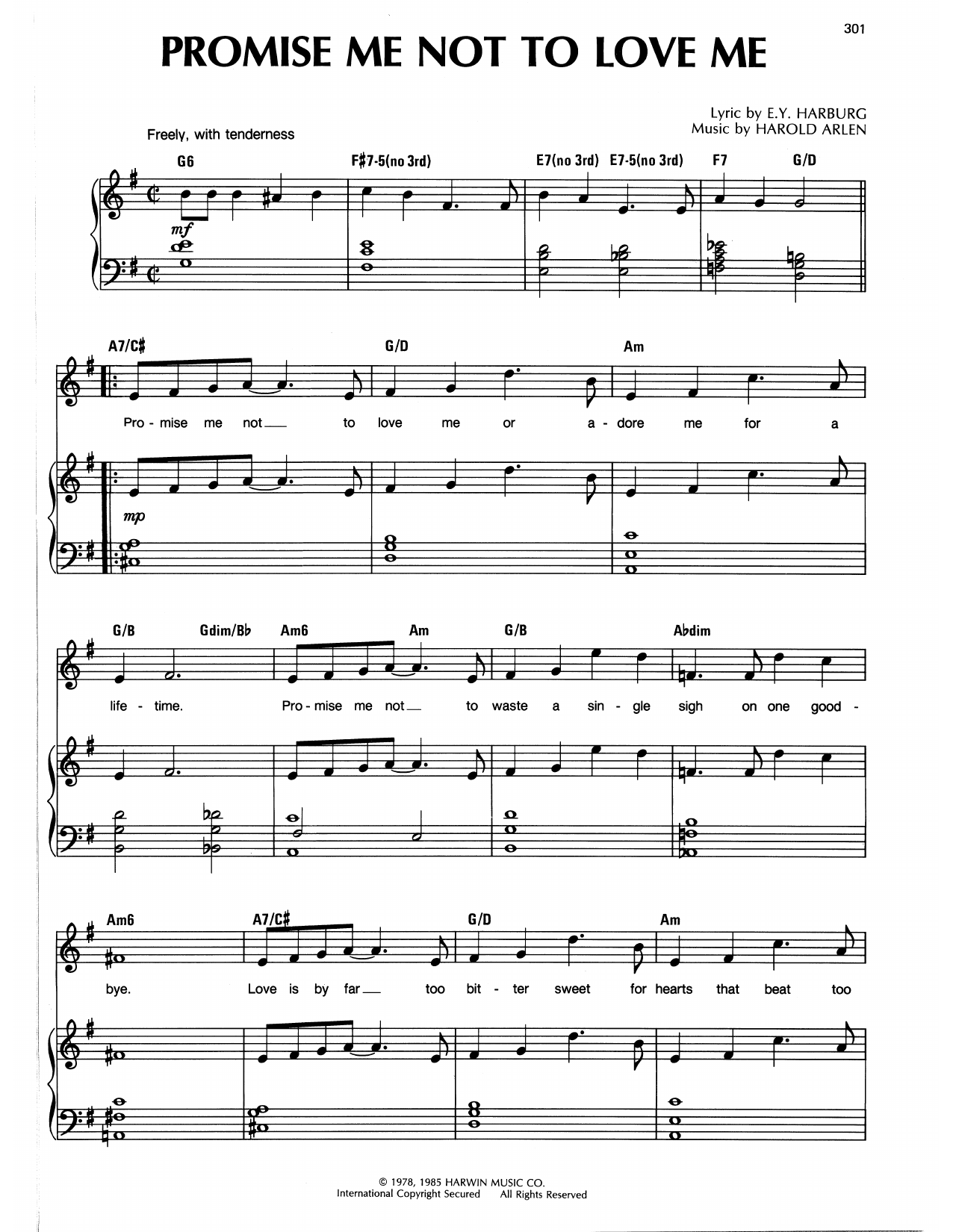 Download Harold Arlen Promise Me Not To Love Me Sheet Music and learn how to play Piano, Vocal & Guitar Chords (Right-Hand Melody) PDF digital score in minutes