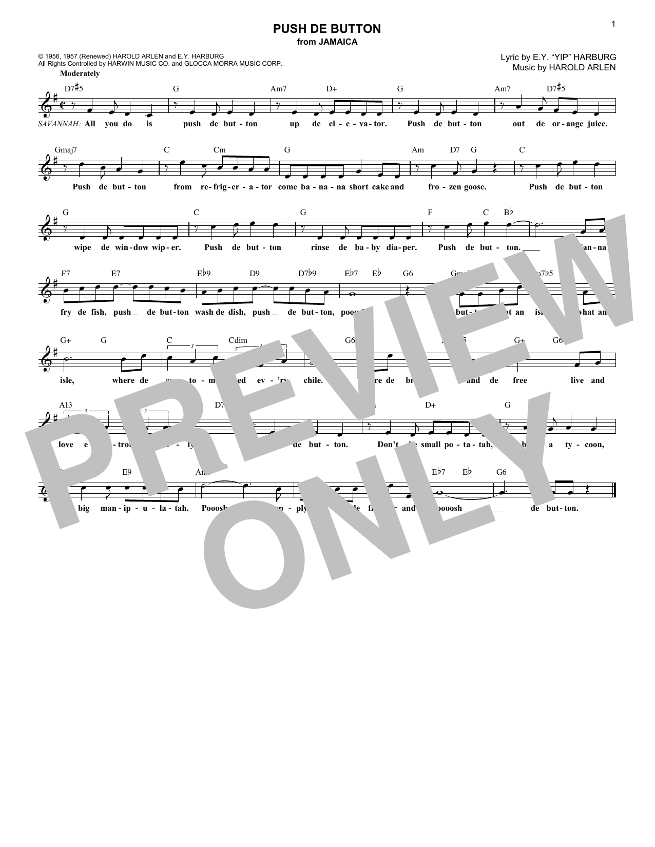 Download Harold Arlen Push De Button (from Jamaica) Sheet Music and learn how to play Lead Sheet / Fake Book PDF digital score in minutes