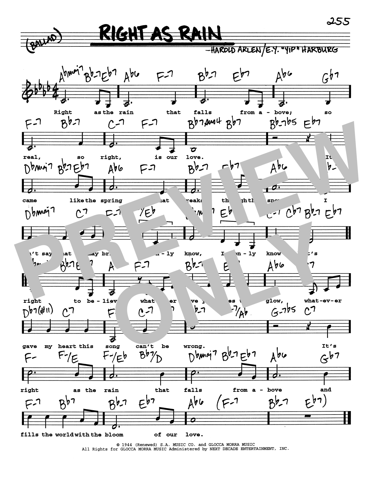 Download Harold Arlen Right As Rain (Low Voice) Sheet Music and learn how to play Real Book – Melody, Lyrics & Chords PDF digital score in minutes