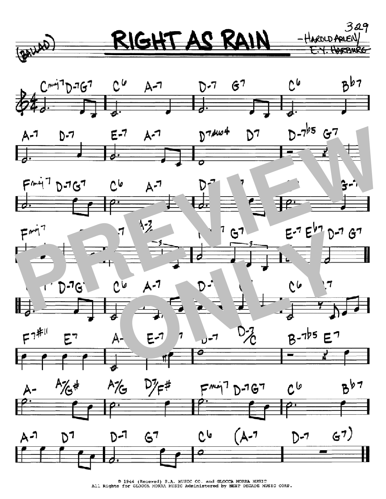 Download Harold Arlen Right As Rain Sheet Music and learn how to play Real Book - Melody & Chords - C Instruments PDF digital score in minutes