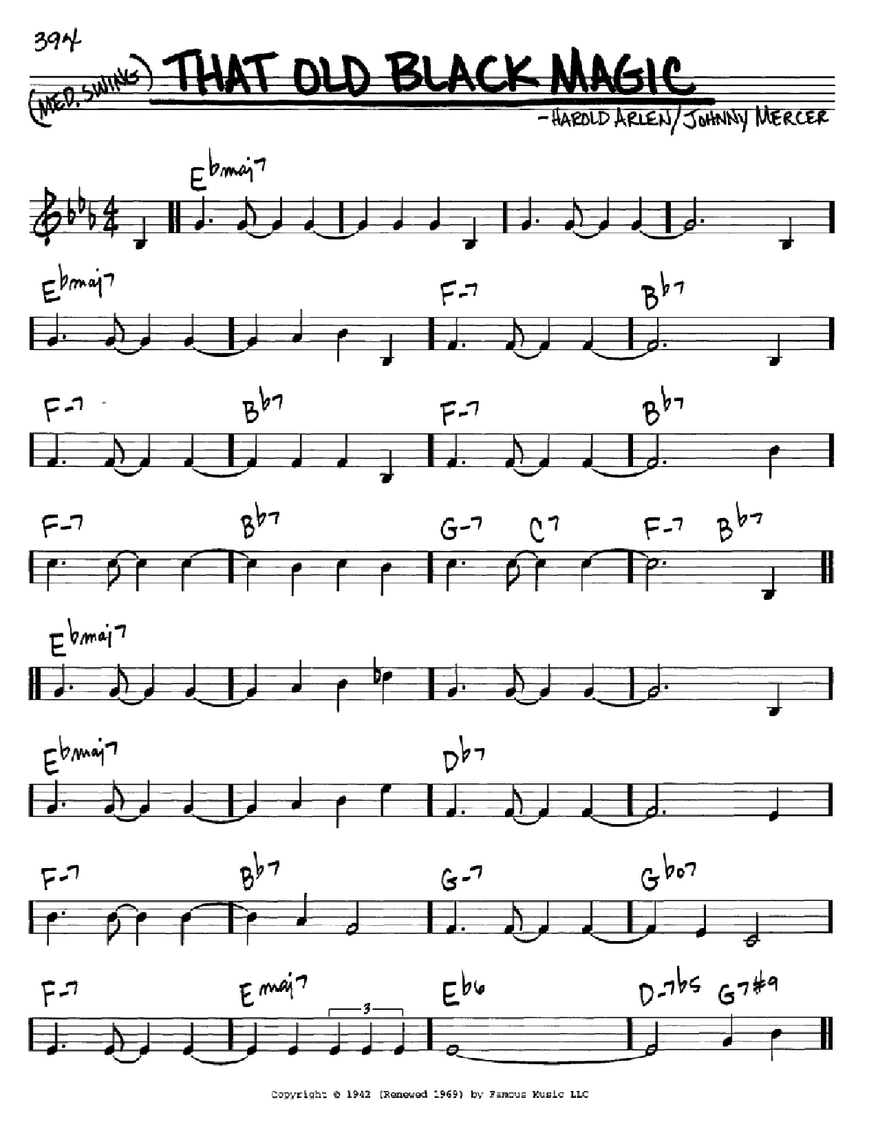 Download Harold Arlen That Old Black Magic Sheet Music and learn how to play Real Book - Melody & Chords - C Instruments PDF digital score in minutes