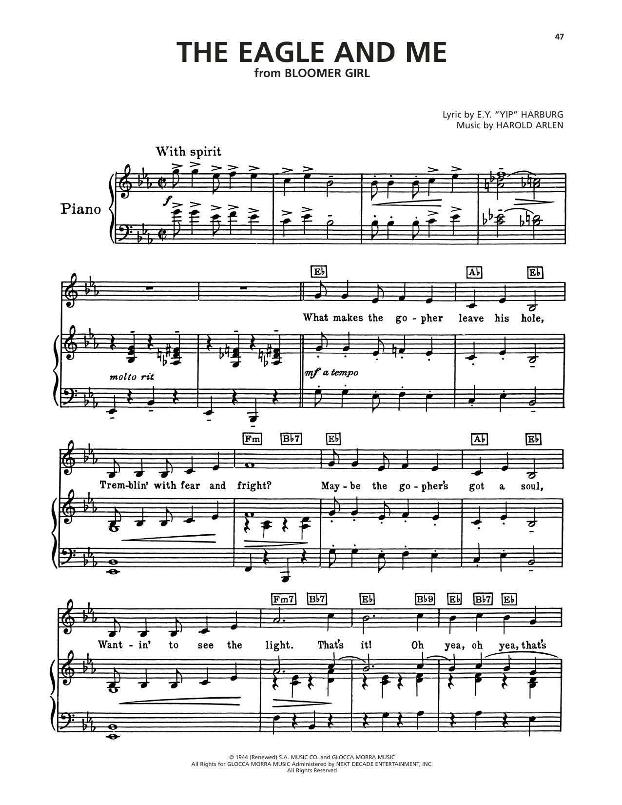 Download Harold Arlen The Eagle And Me (from Bloomer Girl) Sheet Music and learn how to play Piano, Vocal & Guitar Chords (Right-Hand Melody) PDF digital score in minutes