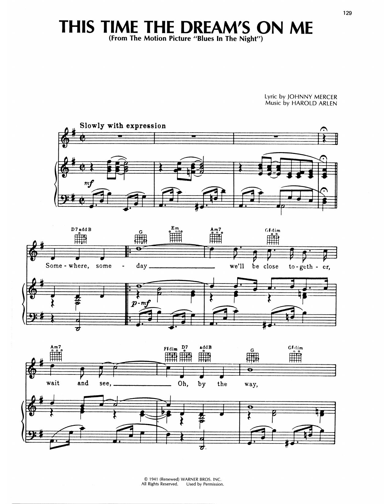 Download Harold Arlen This Time The Dream's On Me Sheet Music and learn how to play Piano, Vocal & Guitar Chords (Right-Hand Melody) PDF digital score in minutes