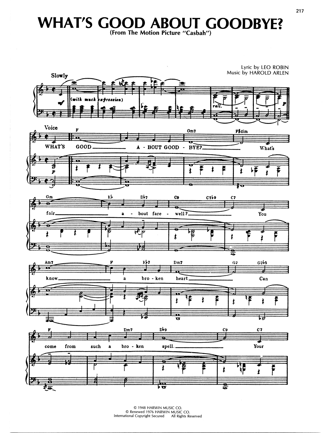 Download Harold Arlen What's Good About Goodbye? Sheet Music and learn how to play Piano, Vocal & Guitar Chords (Right-Hand Melody) PDF digital score in minutes