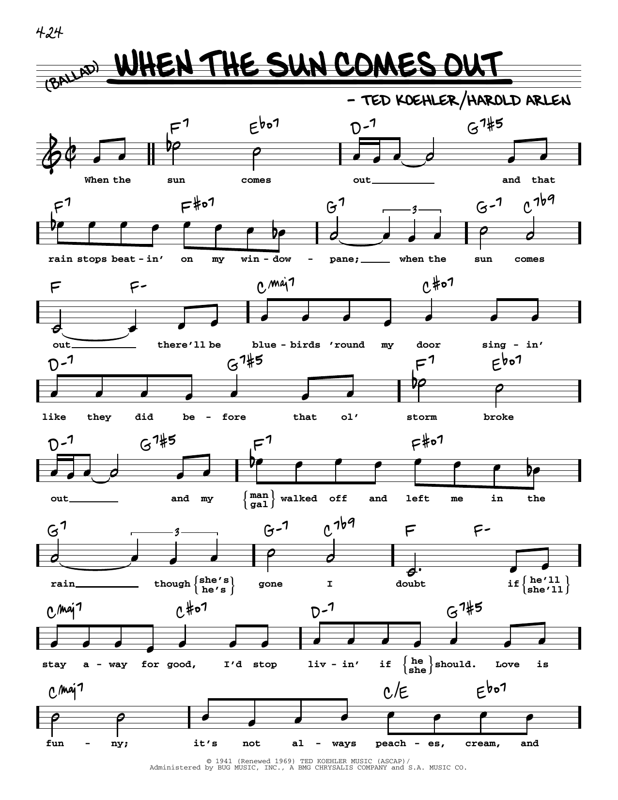 Download Harold Arlen When The Sun Comes Out (High Voice) Sheet Music and learn how to play Real Book – Melody, Lyrics & Chords PDF digital score in minutes