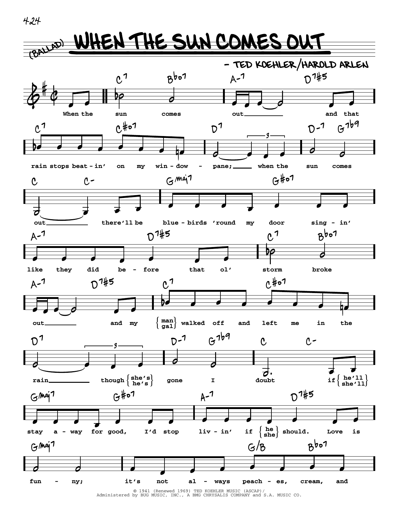 Download Harold Arlen When The Sun Comes Out (Low Voice) Sheet Music and learn how to play Real Book – Melody, Lyrics & Chords PDF digital score in minutes