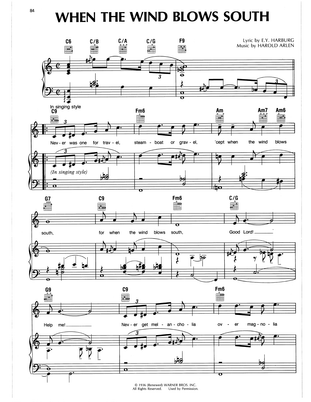 Download Harold Arlen When The Wind Blows South Sheet Music and learn how to play Piano, Vocal & Guitar Chords (Right-Hand Melody) PDF digital score in minutes