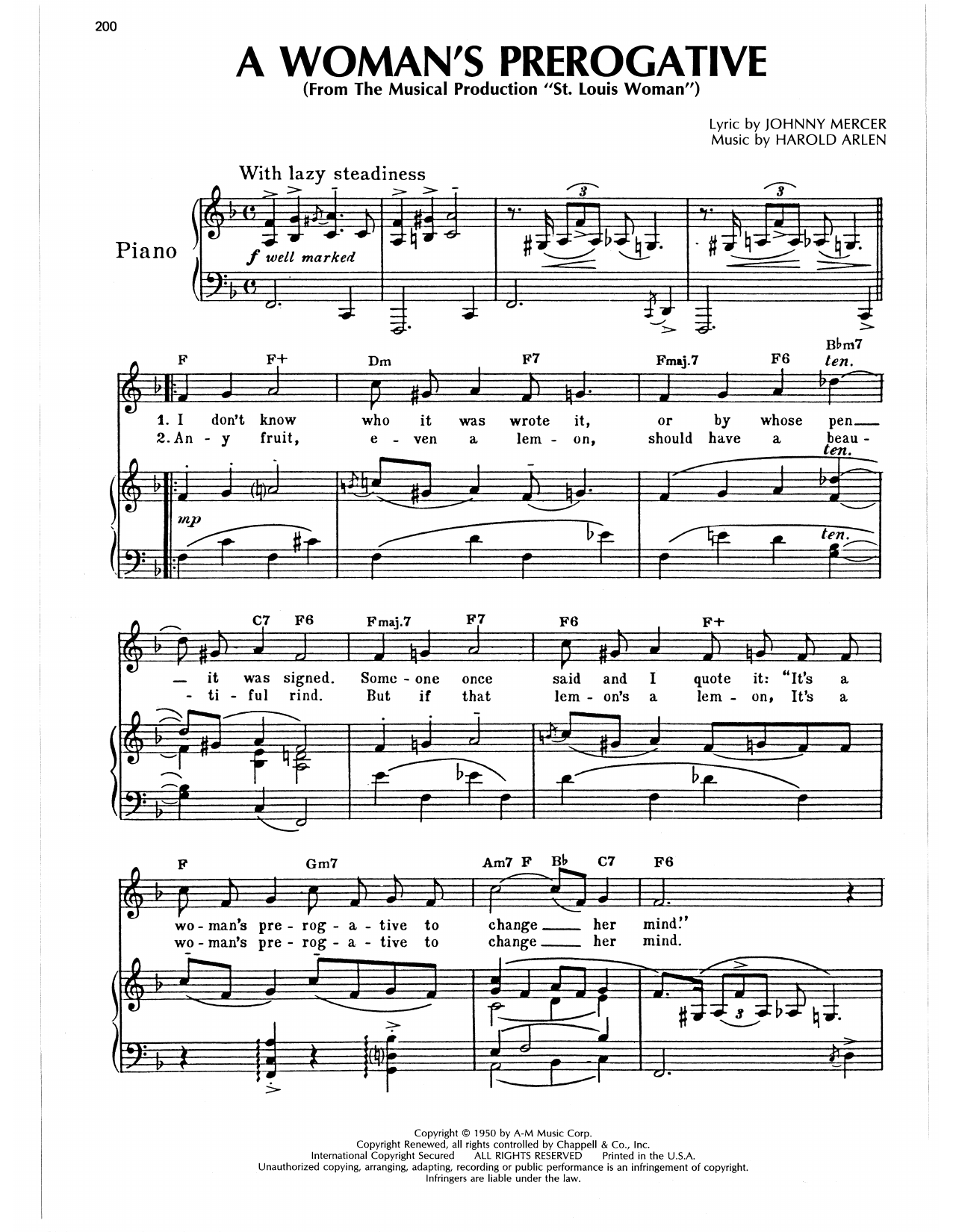 Download Harold Arlen Woman's Prerogative Sheet Music and learn how to play Piano, Vocal & Guitar Chords (Right-Hand Melody) PDF digital score in minutes