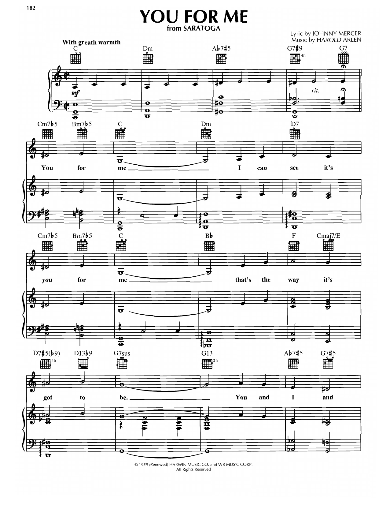 Download Harold Arlen You For Me (from Saratoga) Sheet Music and learn how to play Piano, Vocal & Guitar Chords (Right-Hand Melody) PDF digital score in minutes