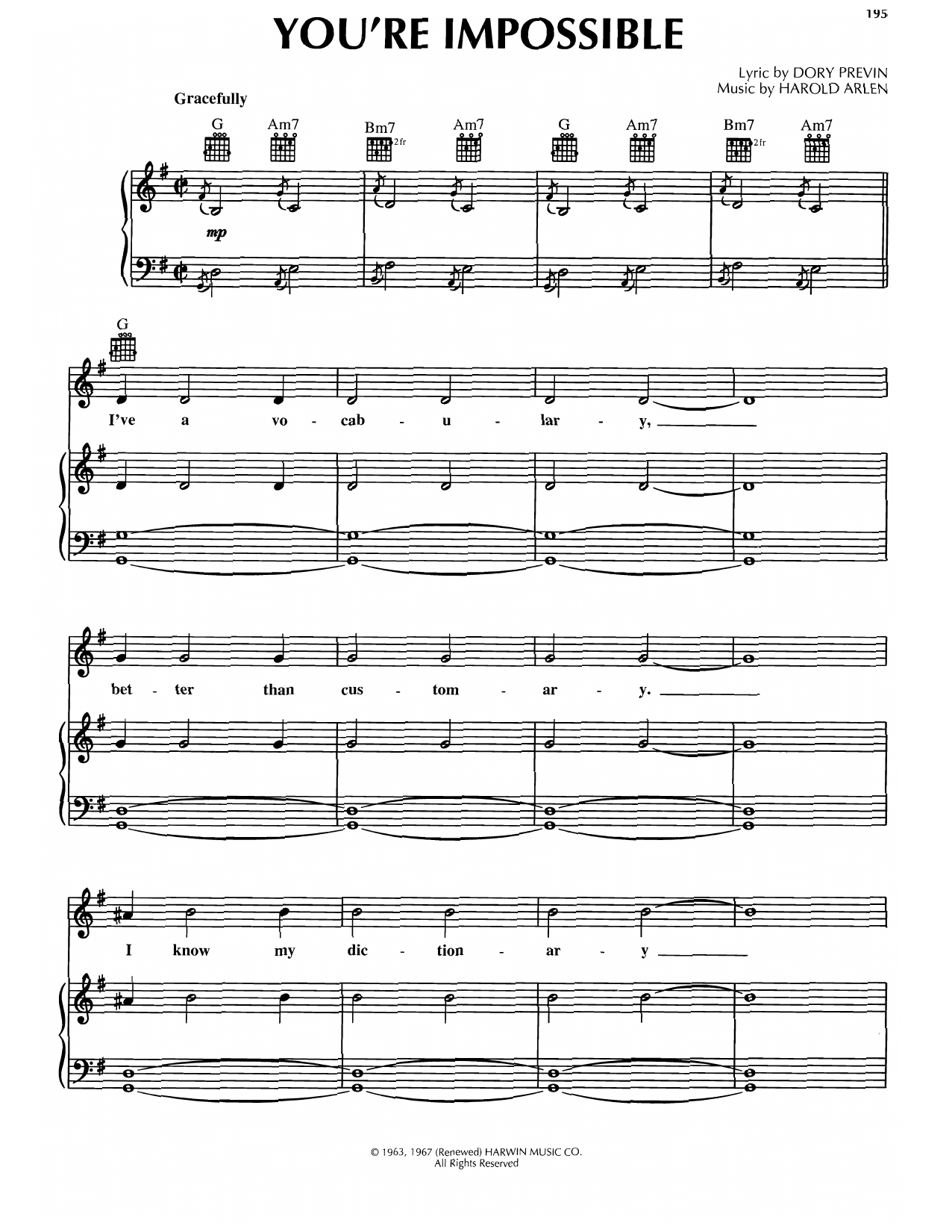 Download Harold Arlen You're Impossible Sheet Music and learn how to play Piano, Vocal & Guitar Chords (Right-Hand Melody) PDF digital score in minutes