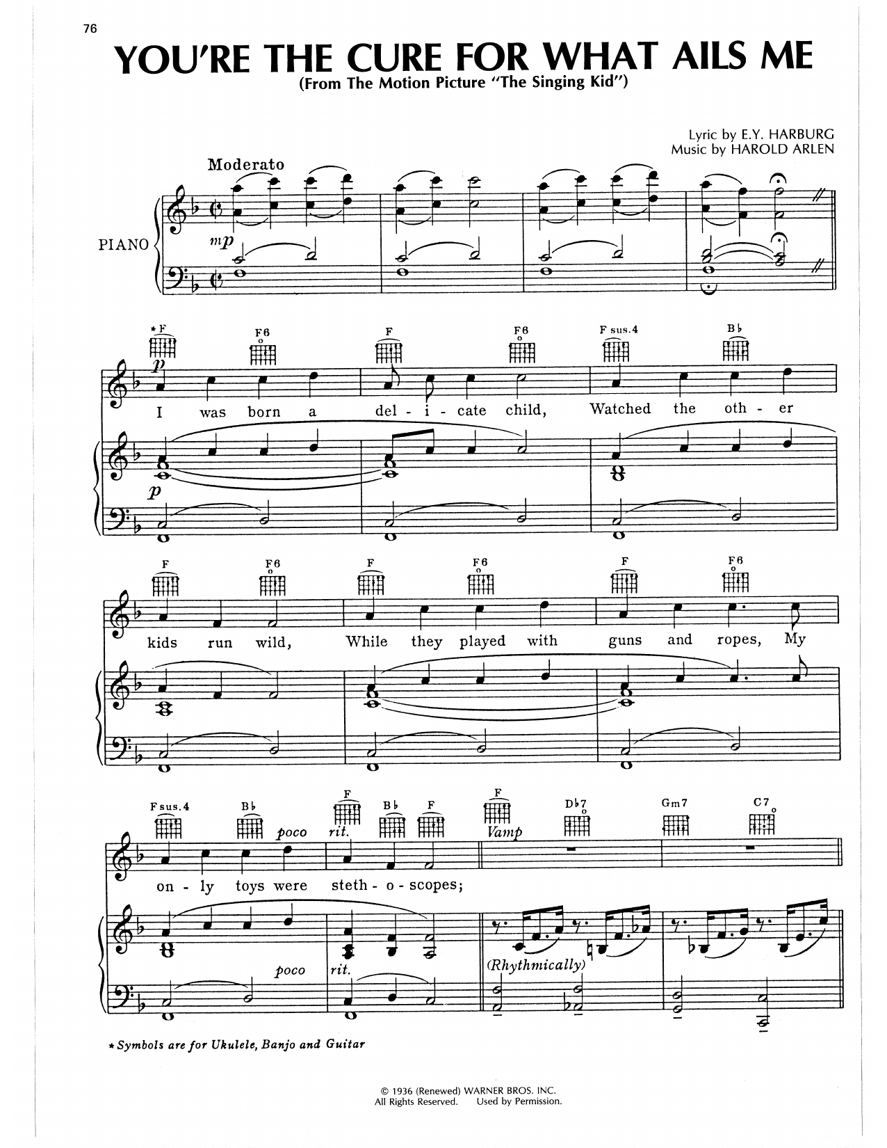 Download Harold Arlen You're The Cure For What Ails Me (from The Singing Kid) Sheet Music and learn how to play Piano, Vocal & Guitar Chords (Right-Hand Melody) PDF digital score in minutes