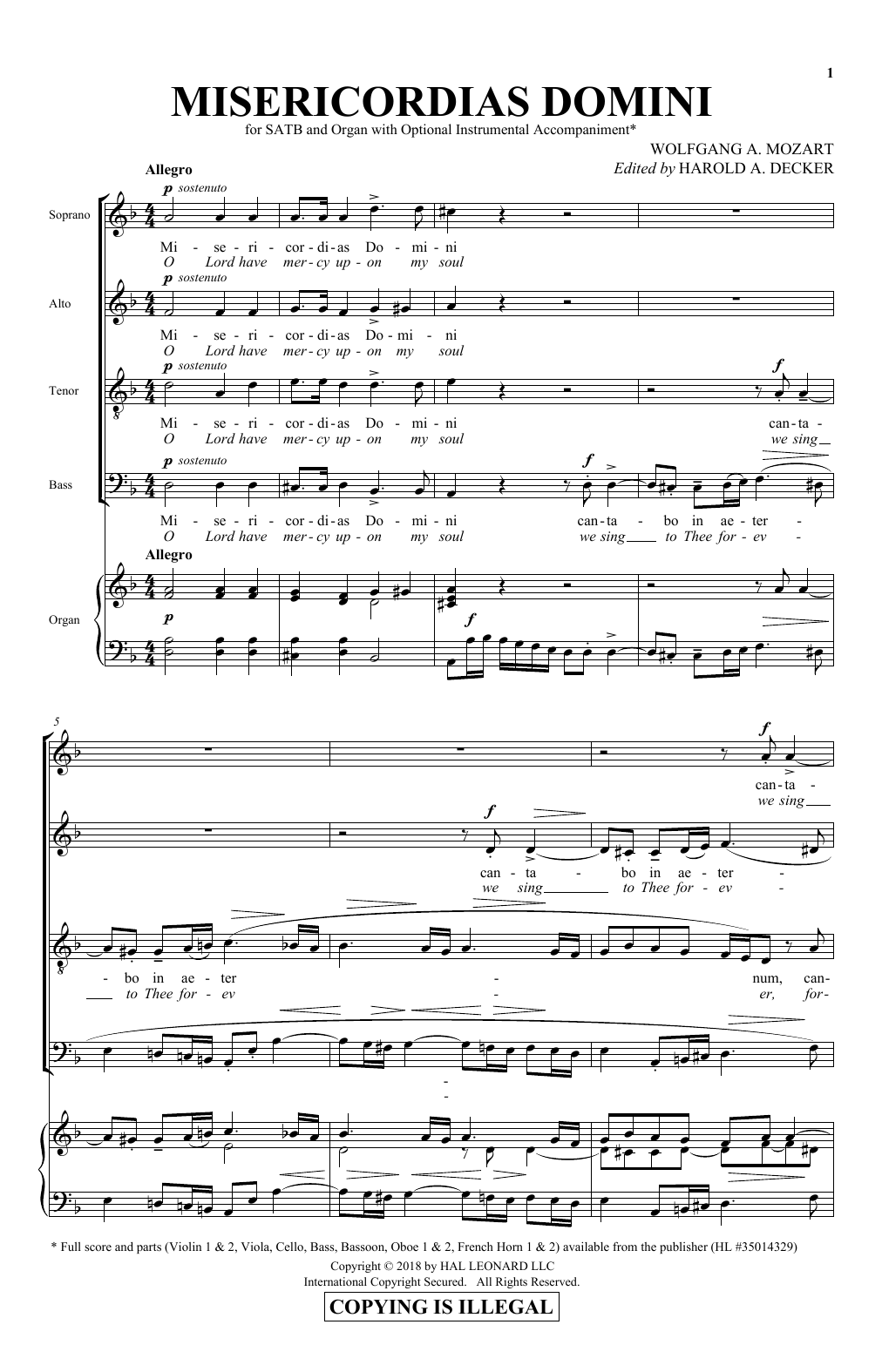 Download Harold Decker Misericordias Domini Sheet Music and learn how to play SATB Choir PDF digital score in minutes