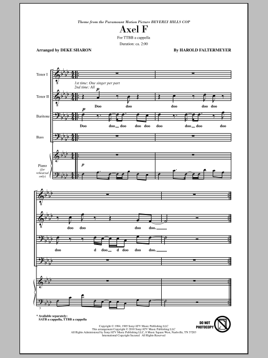 Download Harold Faltermeyer Axel F (from Beverly Hills Cop) (arr. Deke Sharon) Sheet Music and learn how to play TTBB Choir PDF digital score in minutes