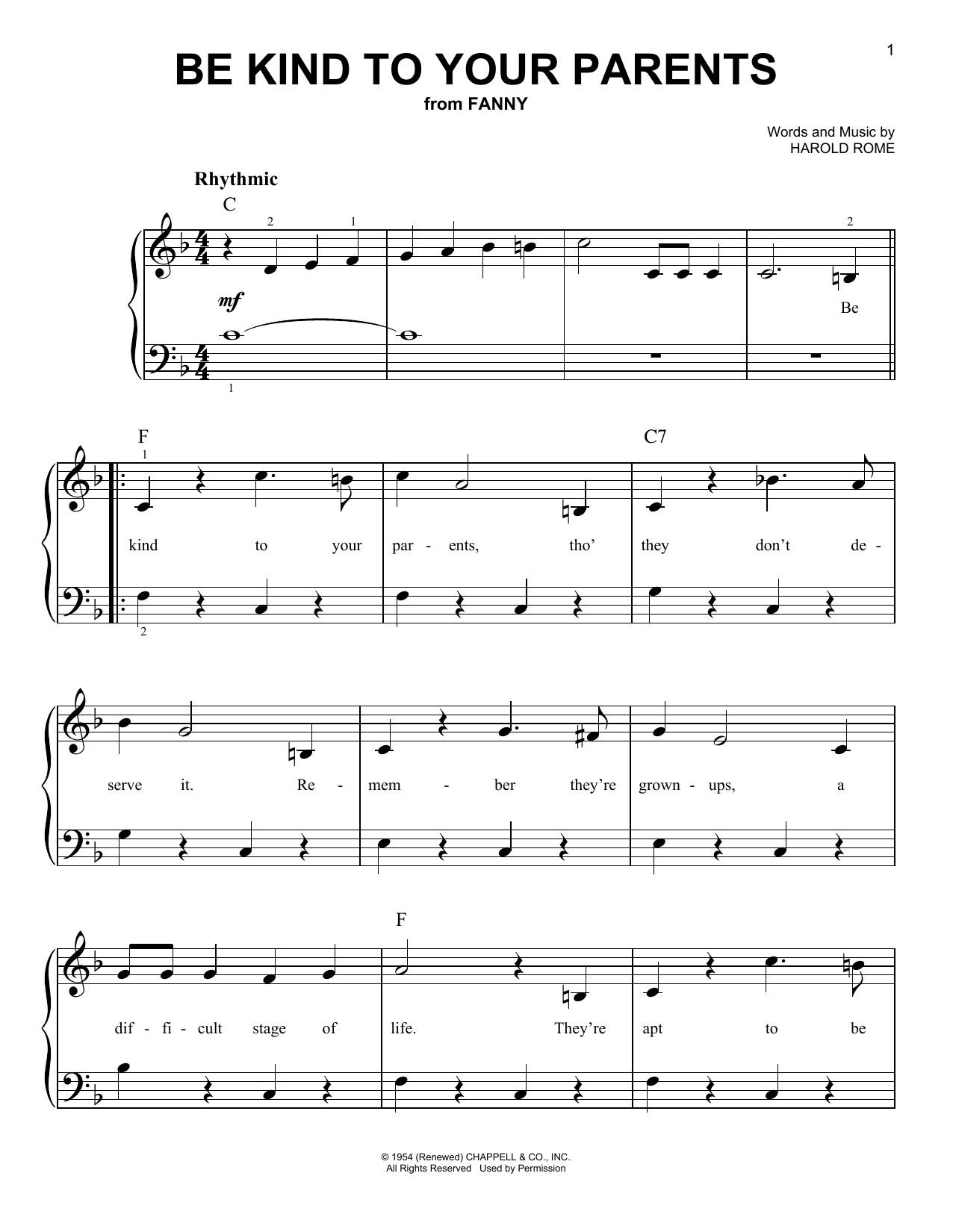 Download Harold Rome Be Kind To Your Parents Sheet Music and learn how to play Easy Piano PDF digital score in minutes