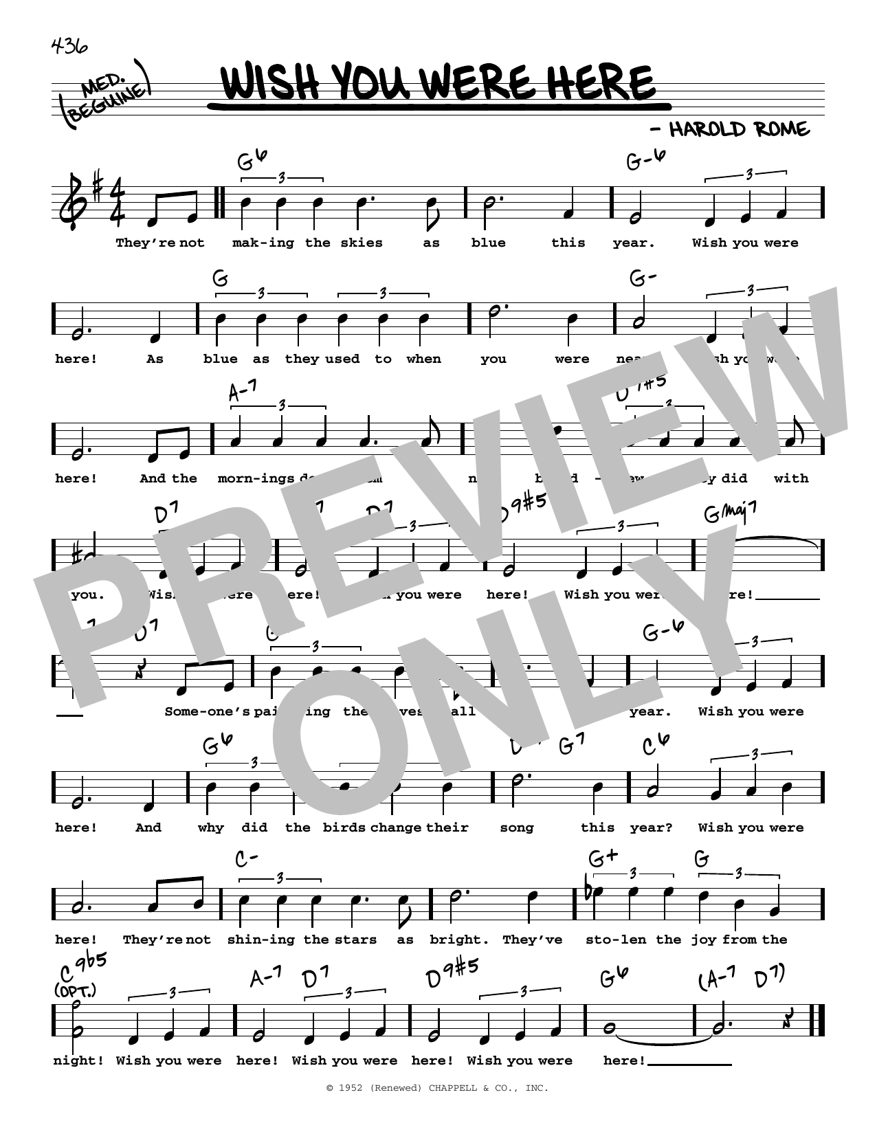 Download Harold Rome Wish You Were Here (High Voice) Sheet Music and learn how to play Real Book – Melody, Lyrics & Chords PDF digital score in minutes
