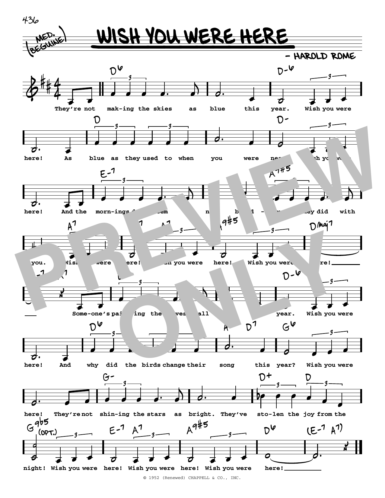 Download Harold Rome Wish You Were Here (Low Voice) Sheet Music and learn how to play Real Book – Melody, Lyrics & Chords PDF digital score in minutes