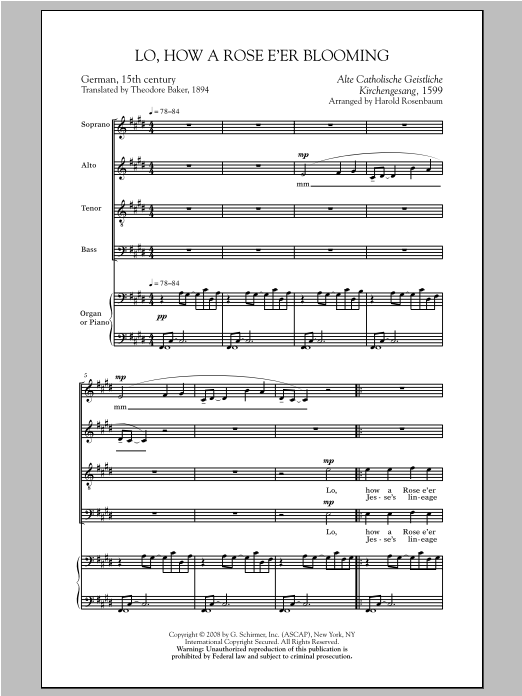 Download Harold Rosenbaum Lo, How A Rose E'er Blooming Sheet Music and learn how to play SATB PDF digital score in minutes
