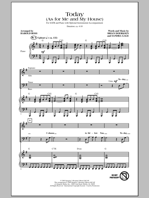 Download Harold Ross Today (As For Me And My House) Sheet Music and learn how to play SATB Choir PDF digital score in minutes