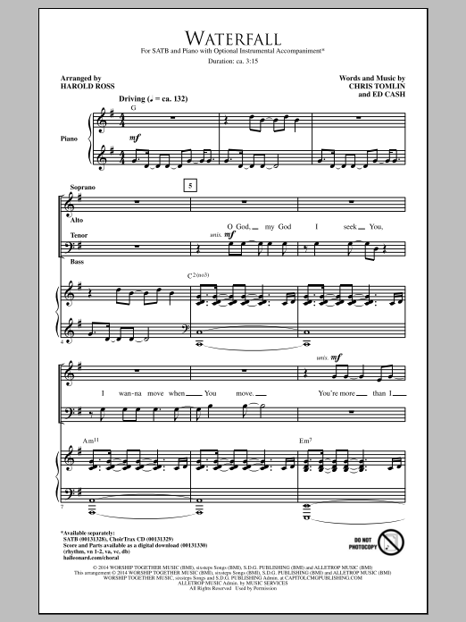 Download Chris Tomlin and Ed Cash Waterfall (arr. Harold Ross) Sheet Music and learn how to play SATB PDF digital score in minutes