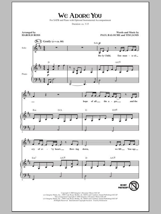 Download Harold Ross We Adore You Sheet Music and learn how to play SATB Choir PDF digital score in minutes