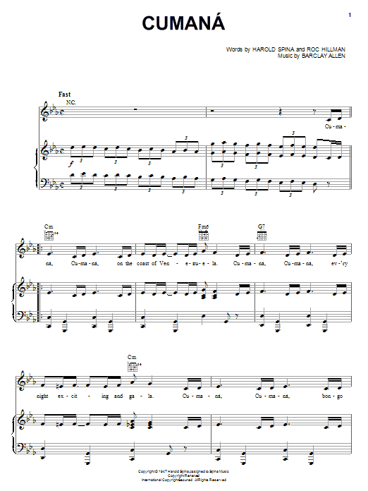 Download Harold Spina Cumana Sheet Music and learn how to play Piano, Vocal & Guitar (Right-Hand Melody) PDF digital score in minutes