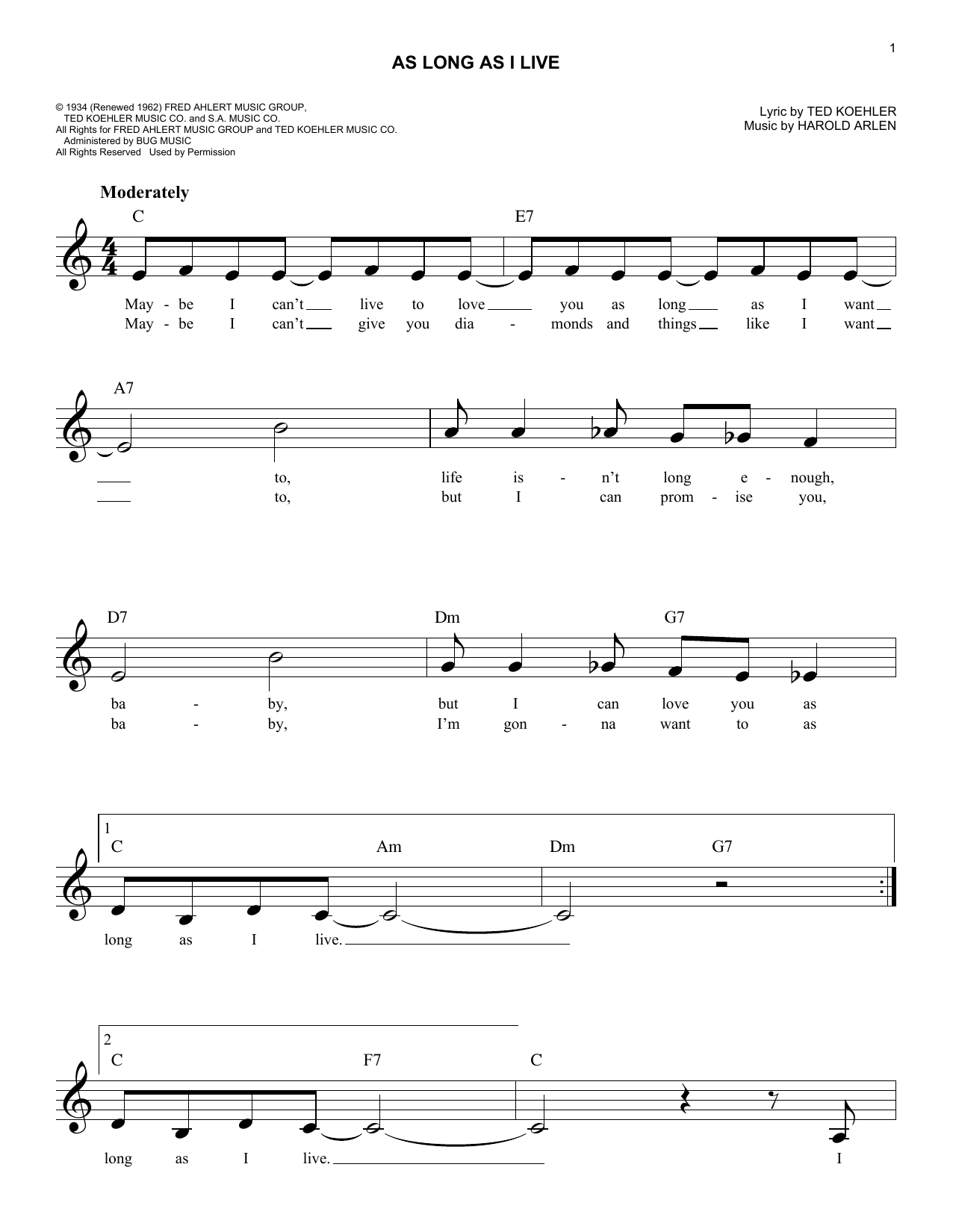 Long As I Live Lyrics Harold Arlen "As Long As I Live" Sheet Music Notes, Chords | Melody