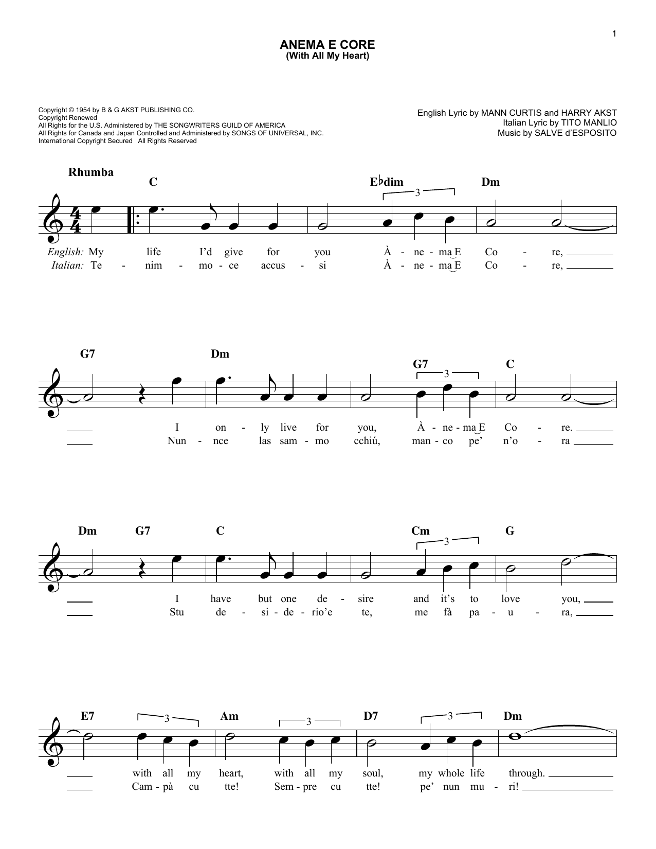 Download Harry Akst Anema E Core (With All My Heart) Sheet Music and learn how to play Melody Line, Lyrics & Chords PDF digital score in minutes