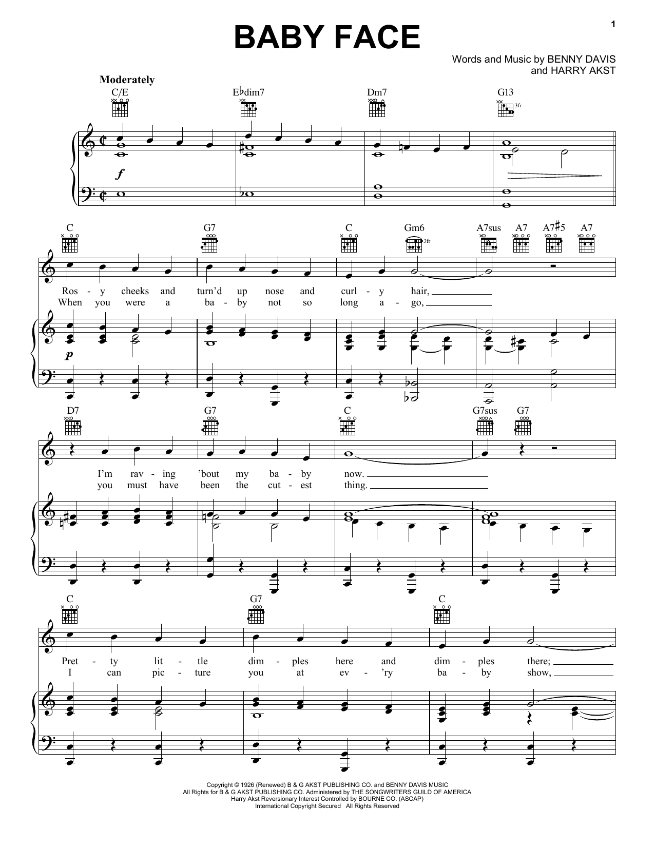 Download Harry Akst Baby Face Sheet Music and learn how to play Piano, Vocal & Guitar (Right-Hand Melody) PDF digital score in minutes
