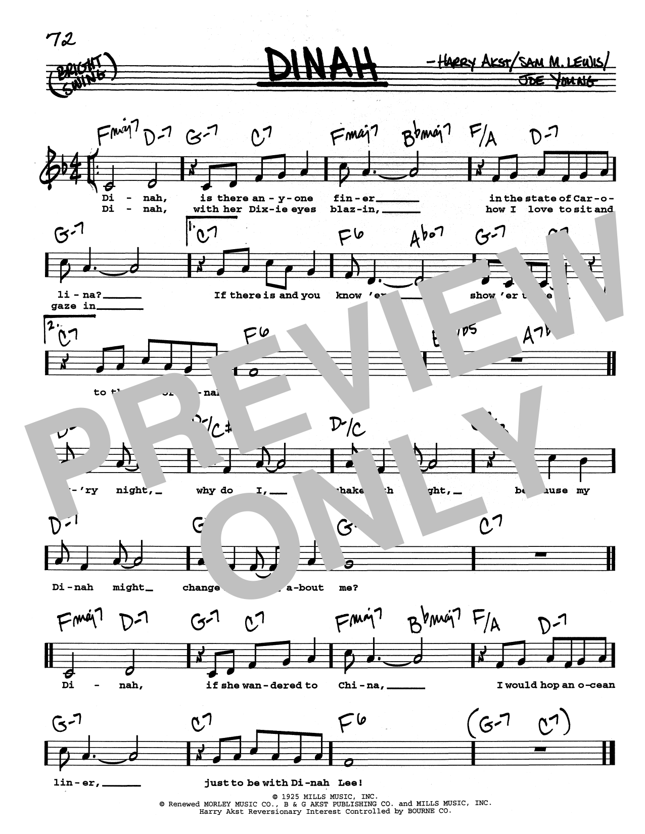 Download Harry Akst Dinah (Low Voice) Sheet Music and learn how to play Real Book – Melody, Lyrics & Chords PDF digital score in minutes