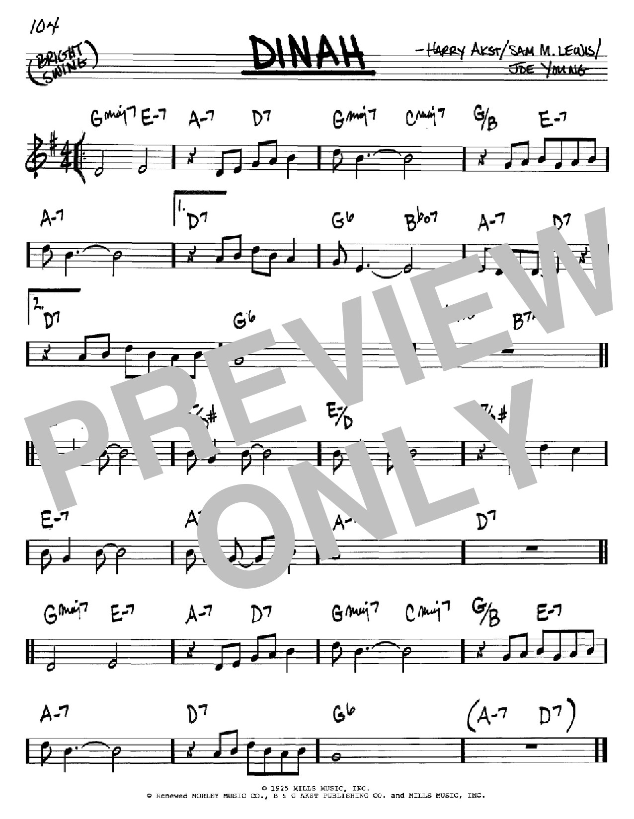 Download Harry Akst Dinah Sheet Music and learn how to play Real Book - Melody, Lyrics & Chords - C Instruments PDF digital score in minutes