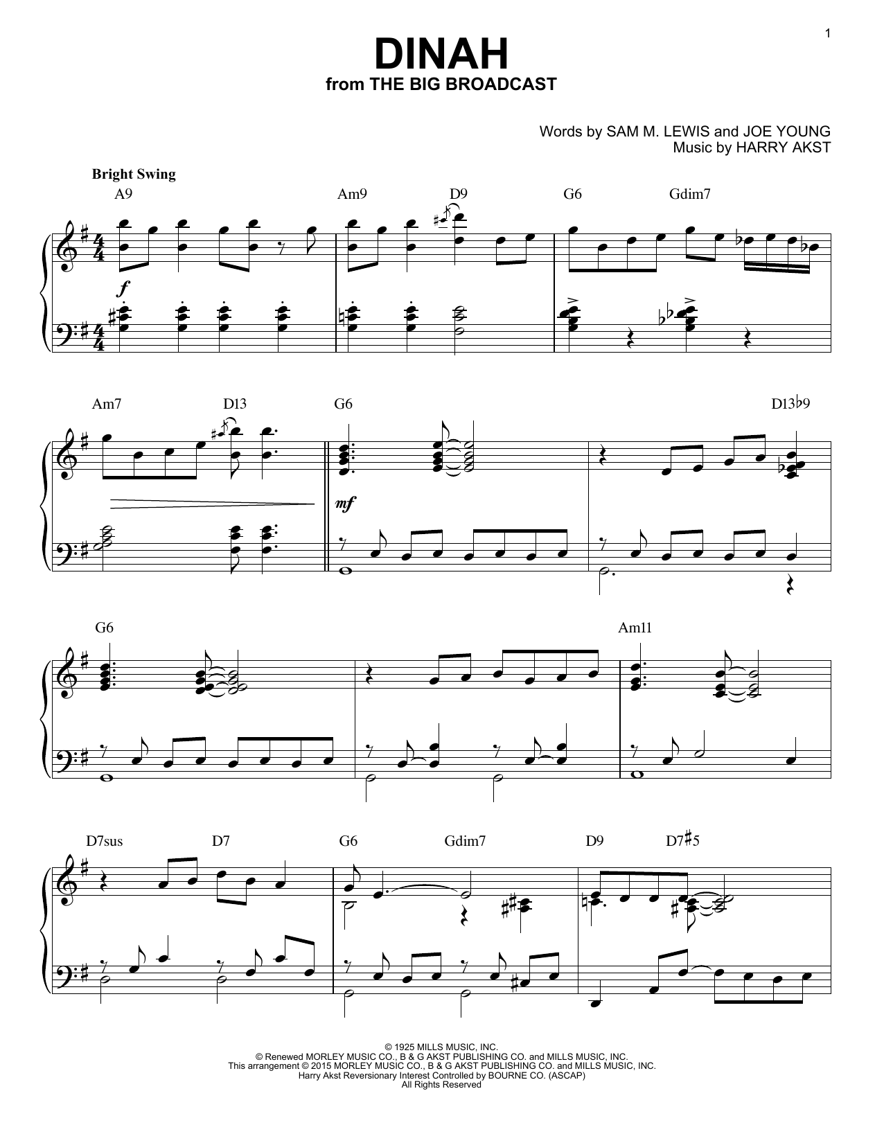 Download Harry Akst Dinah Sheet Music and learn how to play Piano PDF digital score in minutes
