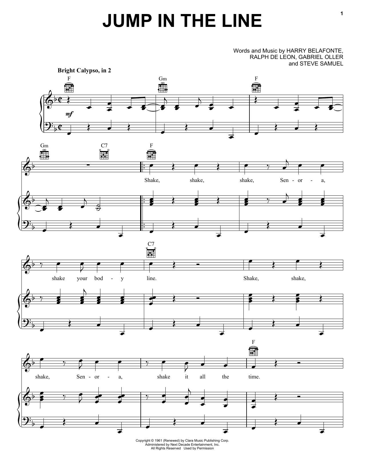 Download Harry Belafonte Jump In The Line Sheet Music and learn how to play Piano, Vocal & Guitar Chords (Right-Hand Melody) PDF digital score in minutes