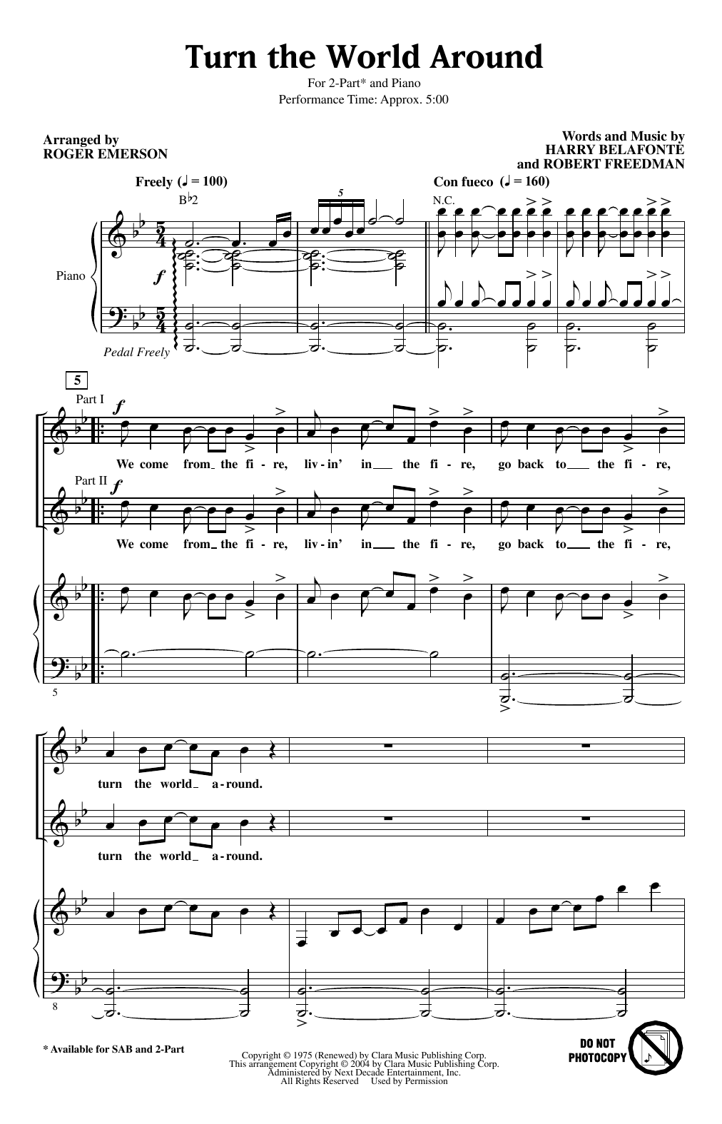 Download Harry Belafonte Turn The World Around (arr. Roger Emerson) Sheet Music and learn how to play 2-Part Choir PDF digital score in minutes