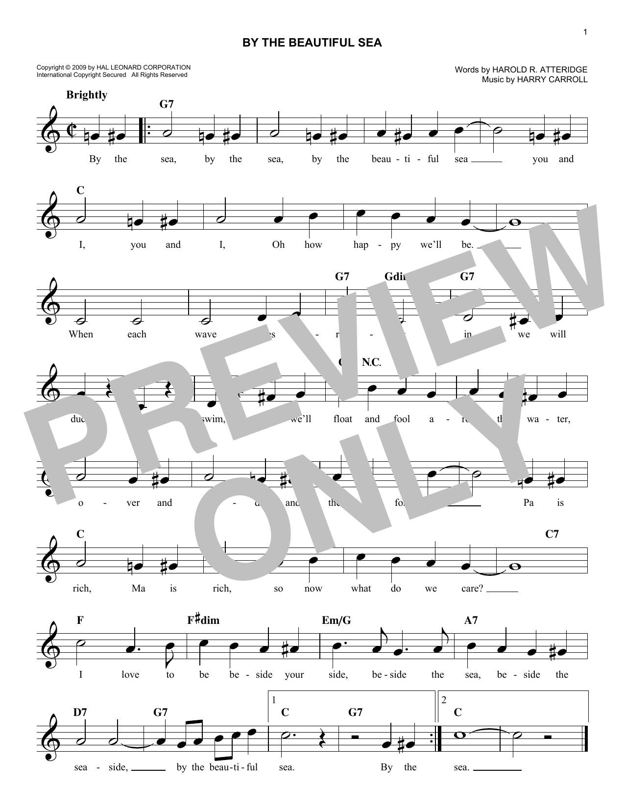 Download Harry Carroll By The Beautiful Sea Sheet Music and learn how to play Melody Line, Lyrics & Chords PDF digital score in minutes