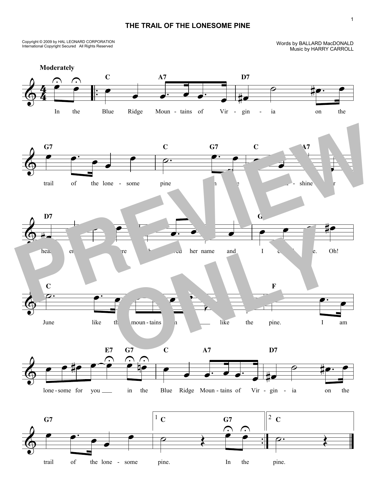 Download Harry Carroll The Trail Of The Lonesome Pine Sheet Music and learn how to play Melody Line, Lyrics & Chords PDF digital score in minutes