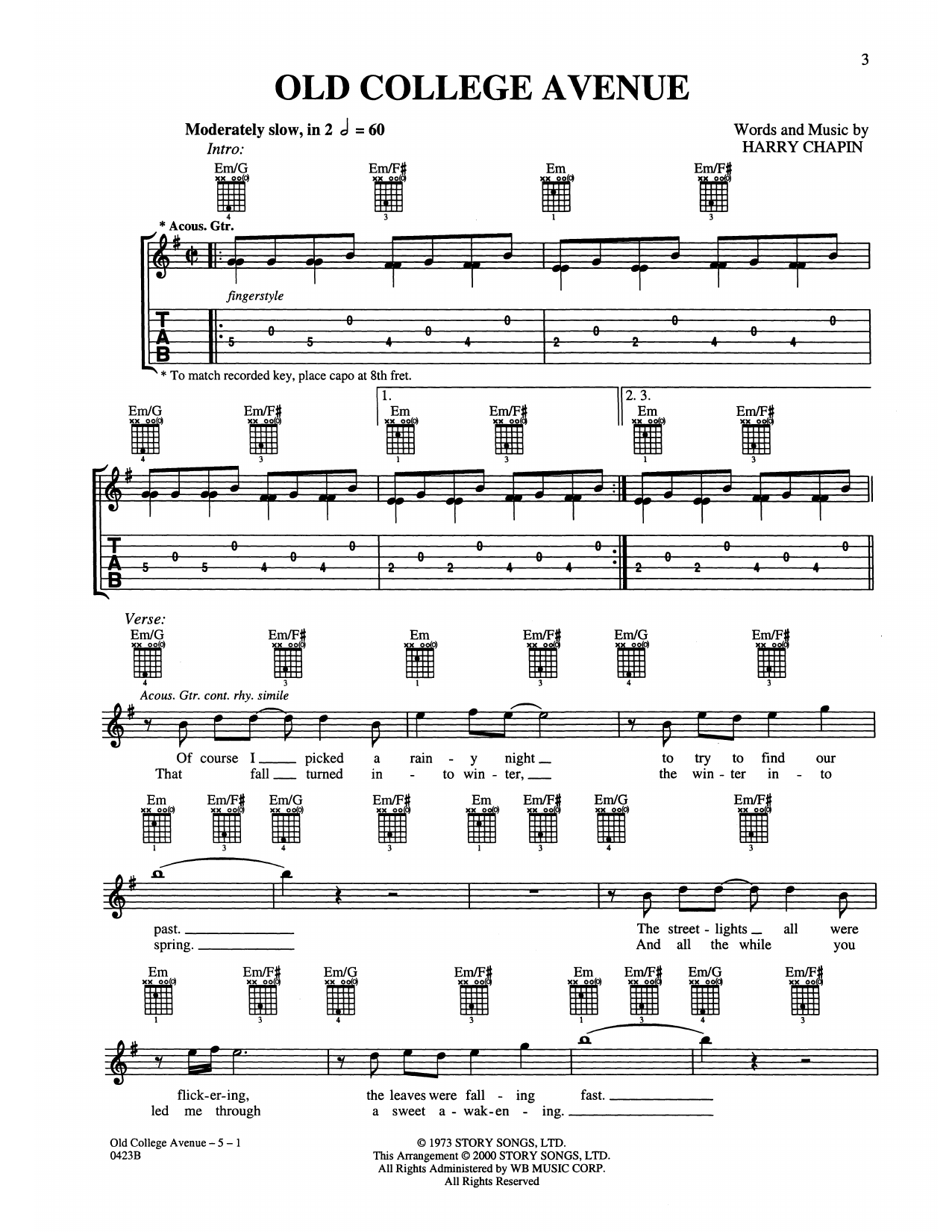 Download Harry Chapin Old College Avenue Sheet Music and learn how to play Guitar Tab PDF digital score in minutes