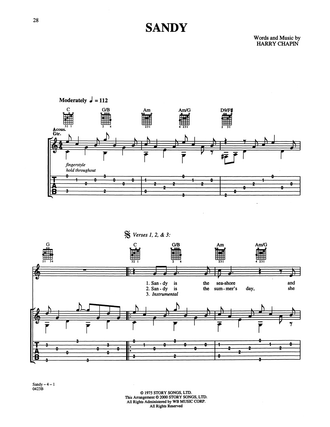 Download Harry Chapin Sandy Sheet Music and learn how to play Guitar Tab PDF digital score in minutes