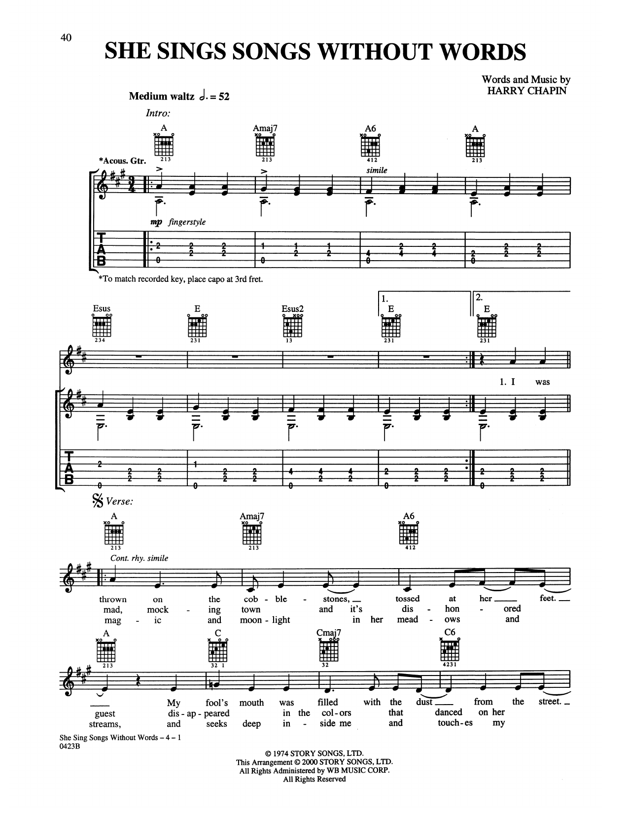 Download Harry Chapin She Sings Songs Without Words Sheet Music and learn how to play Guitar Tab PDF digital score in minutes
